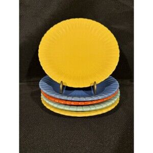 Set Of 5 Vintage Stangl 6” Bread Plates Lines Blue, Light Blue, Orange, Yellow
